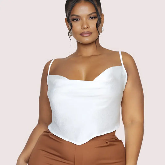 Plus Size White Satin Cropped Cowl Neck Cami Top Snazzyway