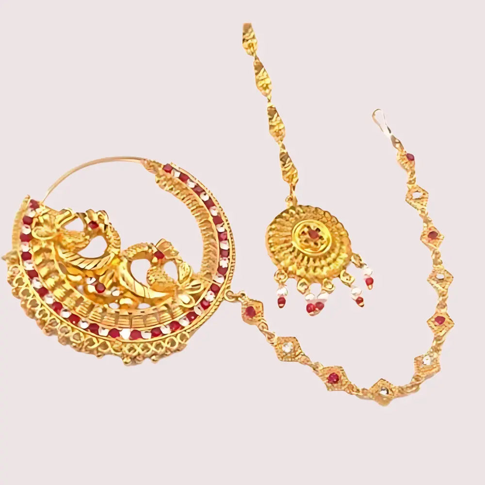 Garhwali Gold Plated Bridal Nose Ring with Chain Snazzyway