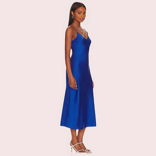 Glamorous Blue Satin Slip Midi Dress Snazzyway