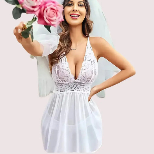 Bridal White Lace & Sheer Babydoll Nightwear