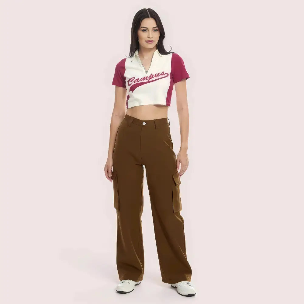 ’Campus Cool’ Zip Polo Crop Top – Maroon & White
