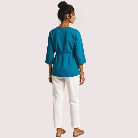 Teal Pintuck Detail Cotton Tunic Top Snazzyway