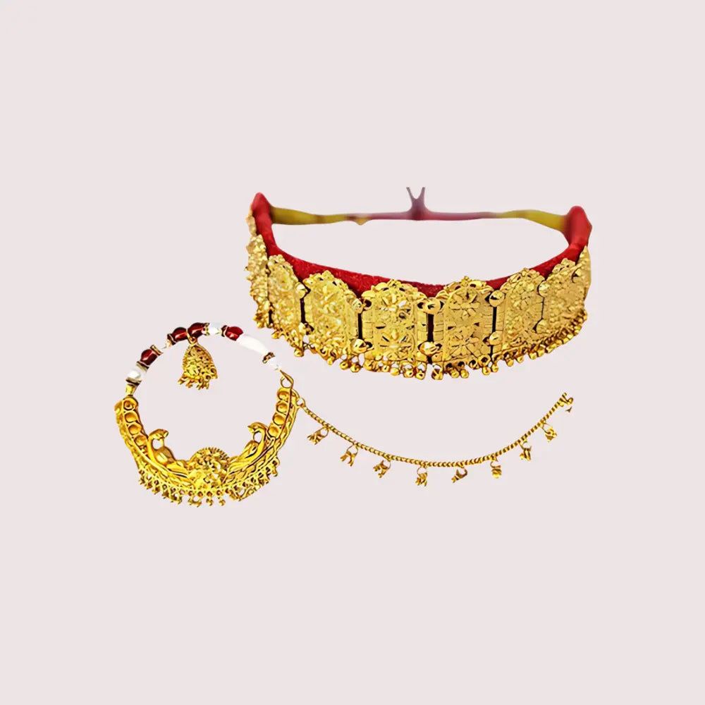 Kumauni Gold-Plated Guluband & Nath Jewellery Set Snazzyway