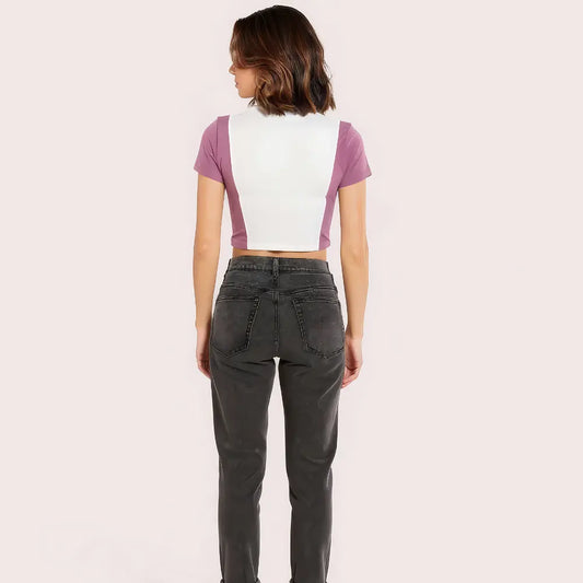 "Campus Vibes" Colorblock Zip Crop Top – Lilac & White Snazzyway