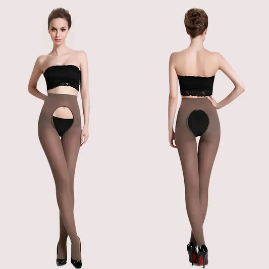 Sexy Women Open Crotch crotchless pantyhose - Brown / One Size
