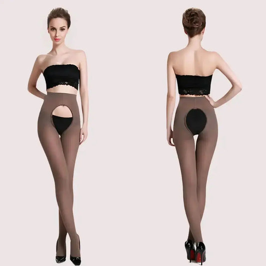 Sexy Women Open Crotch crotchless pantyhose - Brown / One Size