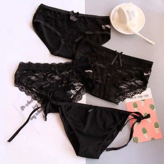 4 Pieces Black Sexy Lace Nylon Panties Snazzyway