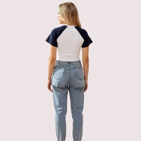 Women’s Contrast Sleeve Graphic Crop Top – Urban Street Style Tee