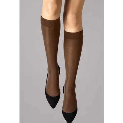 3 Pairs Gentle Brown Sheer Toe Knee High Stockings - One Size / gentle brown