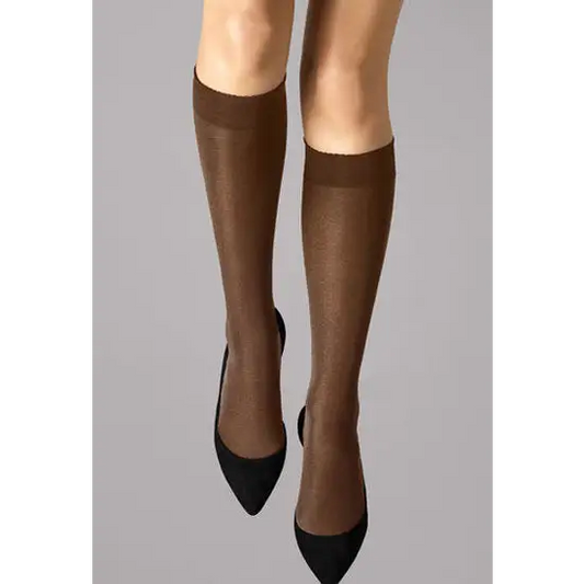3 Pairs Gentle Brown Sheer Toe Knee High Stockings - One Size / gentle brown