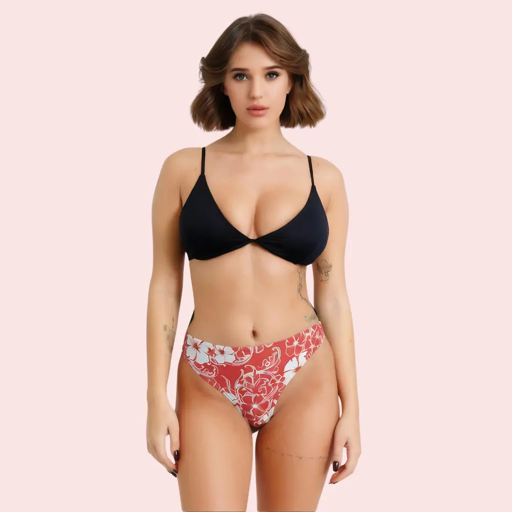 Red & White Floral Print High-Cut Thong Bikini Bottom (Bottom Only) Snazzyway