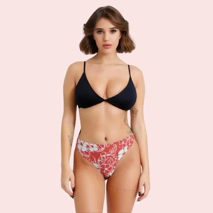 Red & White Floral Print High-Cut Thong Bikini Bottom (Bottom Only) Snazzyway