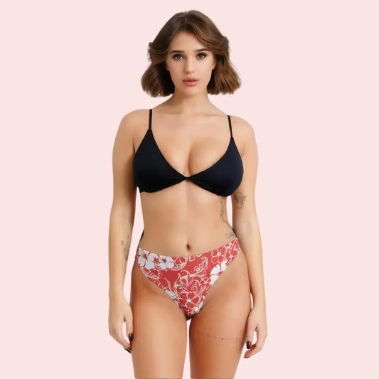 Red & White Floral Print High-Cut Thong Bikini Bottom (Bottom Only) Snazzyway