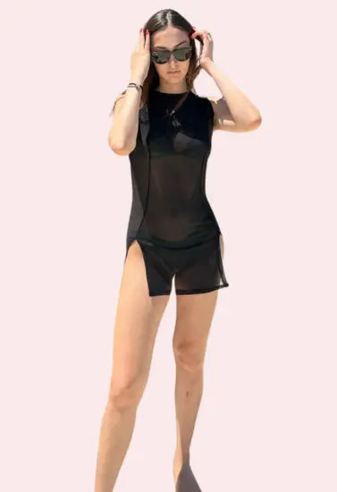 Sheer Black Mini Dress with Dual Open Slits Snazzyway