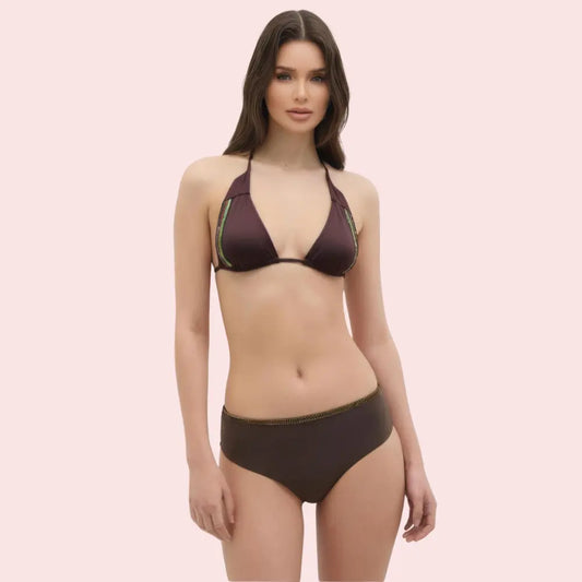 Espresso Dream Embellished Trim Triangle Bikini Topa (Top Only) Snazzyway