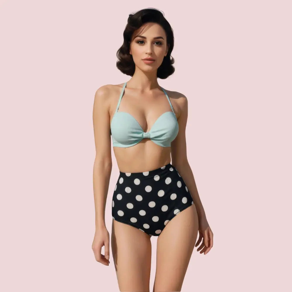 Retro Halter Neck & Bow-Front Sweetheart Bikini Topa in Mint (Top Only) Snazzyway
