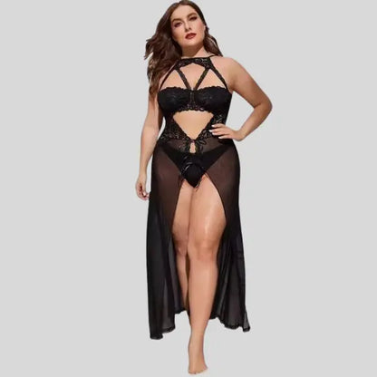 Plus Size Split Long Mesh Babydoll Nightwear Snazzyway