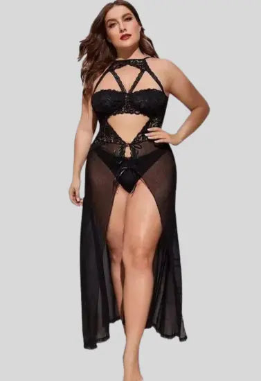 Plus Size Split Long Mesh Babydoll Nightwear Snazzyway