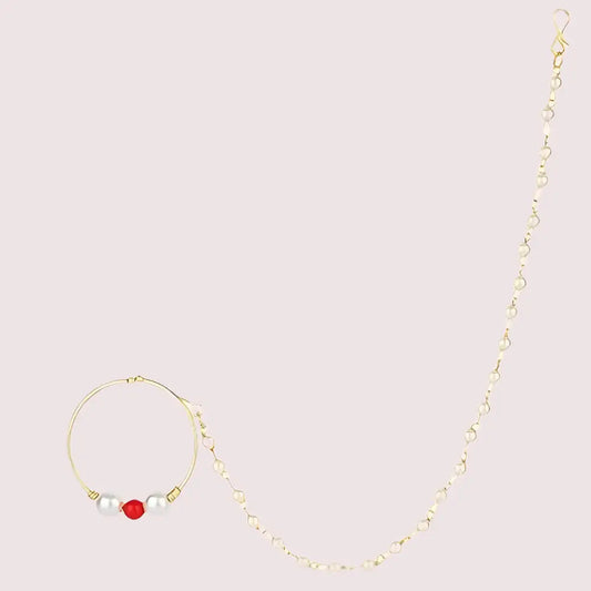 Bridal Nose Ring with Pearl Chain for Women - Golden