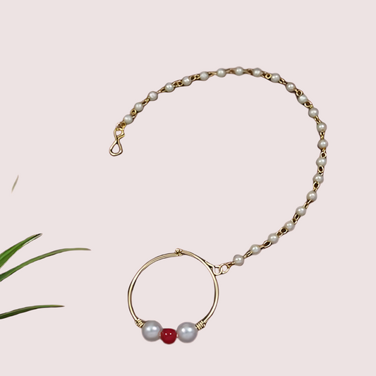 Bridal Nose Ring with Pearl Chain for Women - Golden