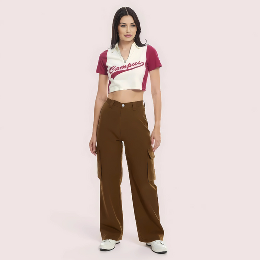 ’Campus Cool’ Zip Polo Crop Top – Maroon & White