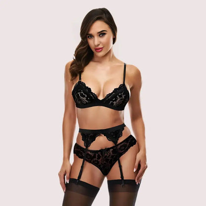 Exotic black lace bra set with garter belt