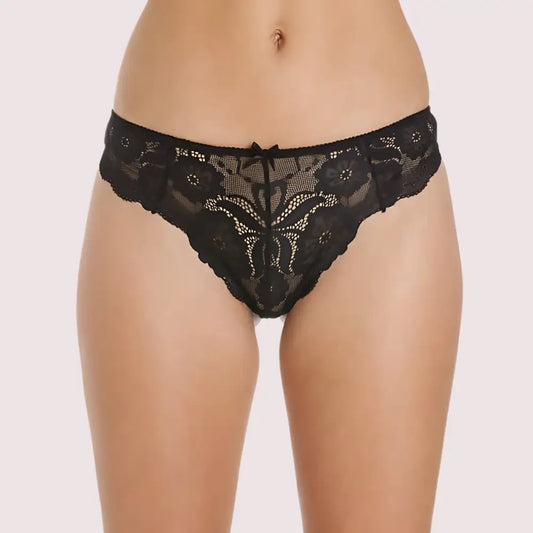 Female Black Floral Transparent Lace High Waist Thong - XL / Black