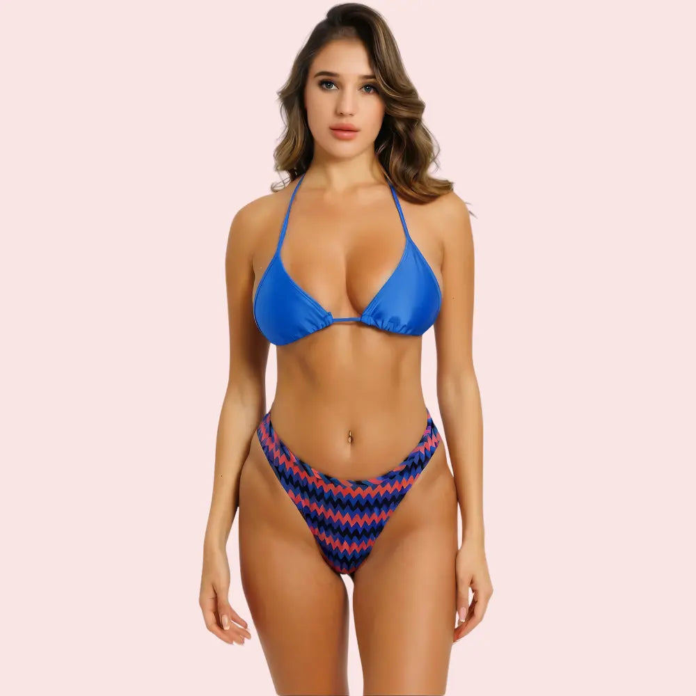 Cheeky Red & Blue Geometric Print Bikini Bottom (Bottom Only) Snazzyway