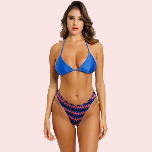 Cheeky Red & Blue Geometric Print Bikini Bottom (Bottom Only) Snazzyway