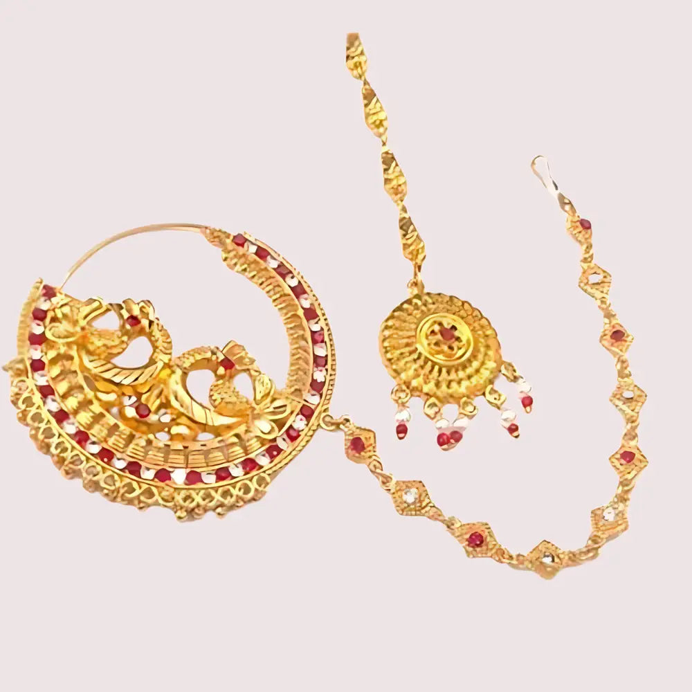 Garhwali Gold Plated Bridal Nose Ring with Chain - Golden