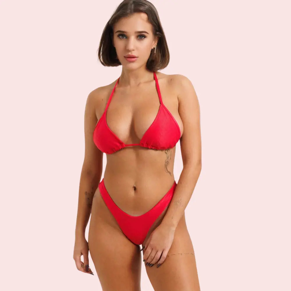 Sizzling Red Classic Triangle Halter Bikini Topa (Top Only) Snazzyway