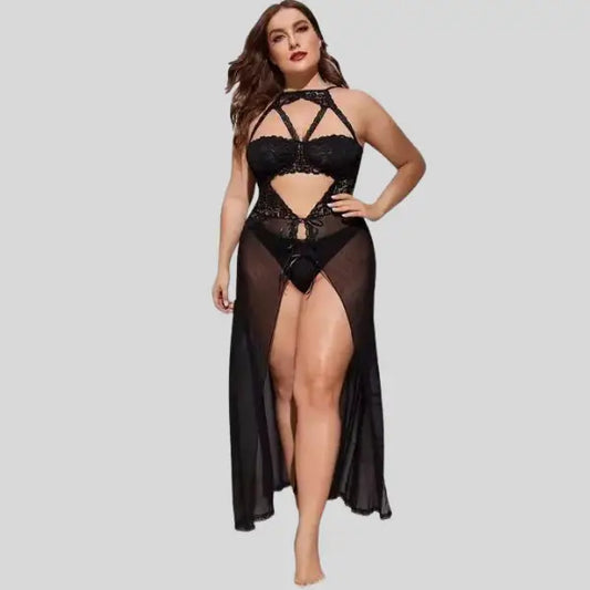 Plus Size Split Long Mesh Babydoll Nightwear - Free Size / Black