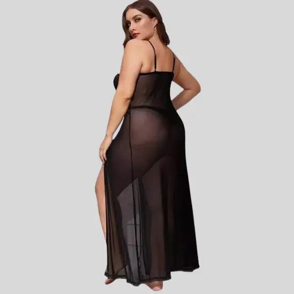 Plus Size Split Long Mesh Babydoll Nightwear - Free Size / Black
