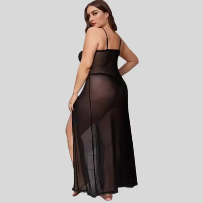 Plus Size Split Long Mesh Babydoll Nightwear - Free Size / Black