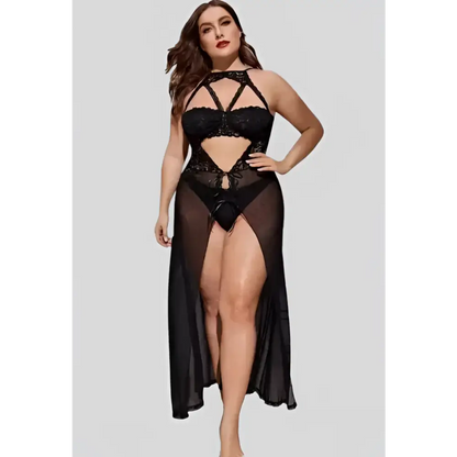Plus Size Split Long Mesh Babydoll Nightwear - Free Size / Black
