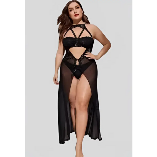 Plus Size Split Long Mesh Babydoll Nightwear - Free Size / Black