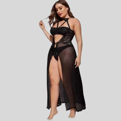 Plus Size Split Long Mesh Babydoll Nightwear - Free Size / Black