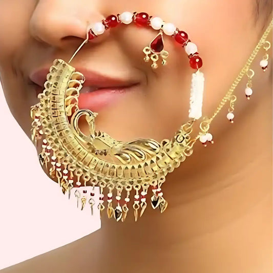 Regal Gold-Plated Bridal Nath with Elegant Chain - Golden