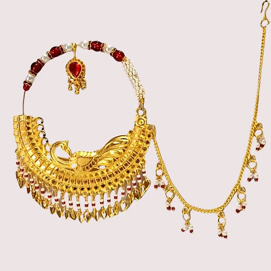 Regal Gold-Plated Bridal Nath with Elegant Chain - Golden