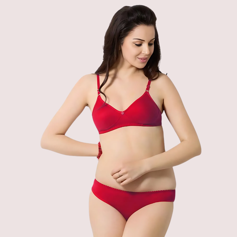 Cute Solid Red Pure Cotton Bra Panty Set Snazzyway