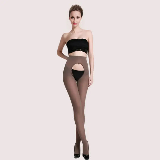 Sexy Women Open Crotch crotchless pantyhose - Brown / One Size