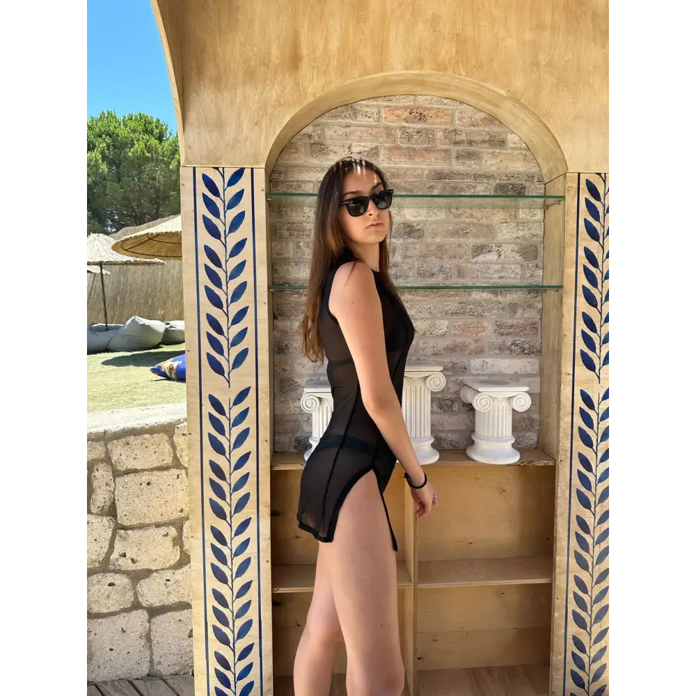 Sheer Black Mini Dress with Dual Open Slits