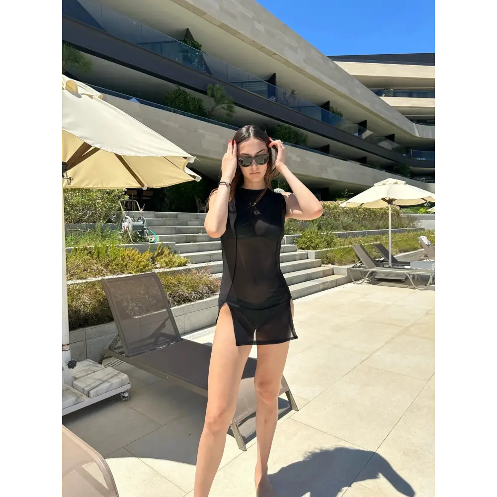 Sheer Black Mini Dress with Dual Open Slits