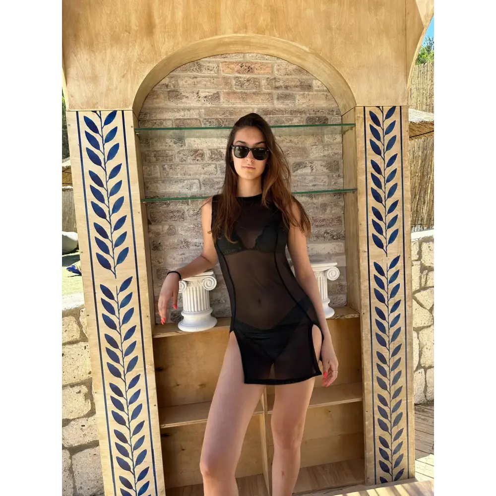 Sheer Black Mini Dress with Dual Open Slits