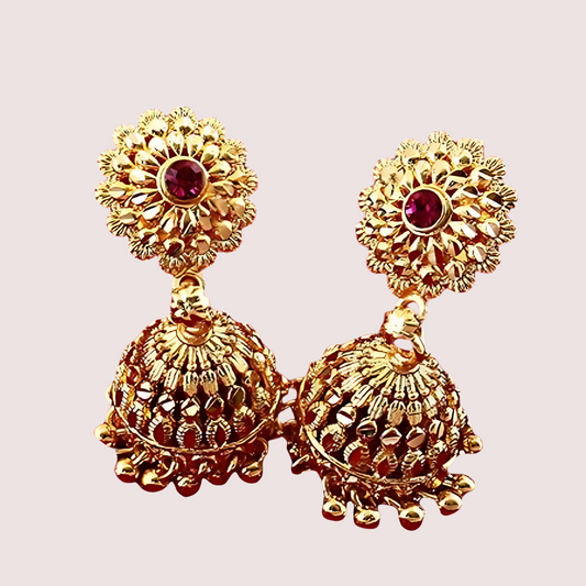Traditional yet Stylish Ruby Jhumkas Earrings - Golden