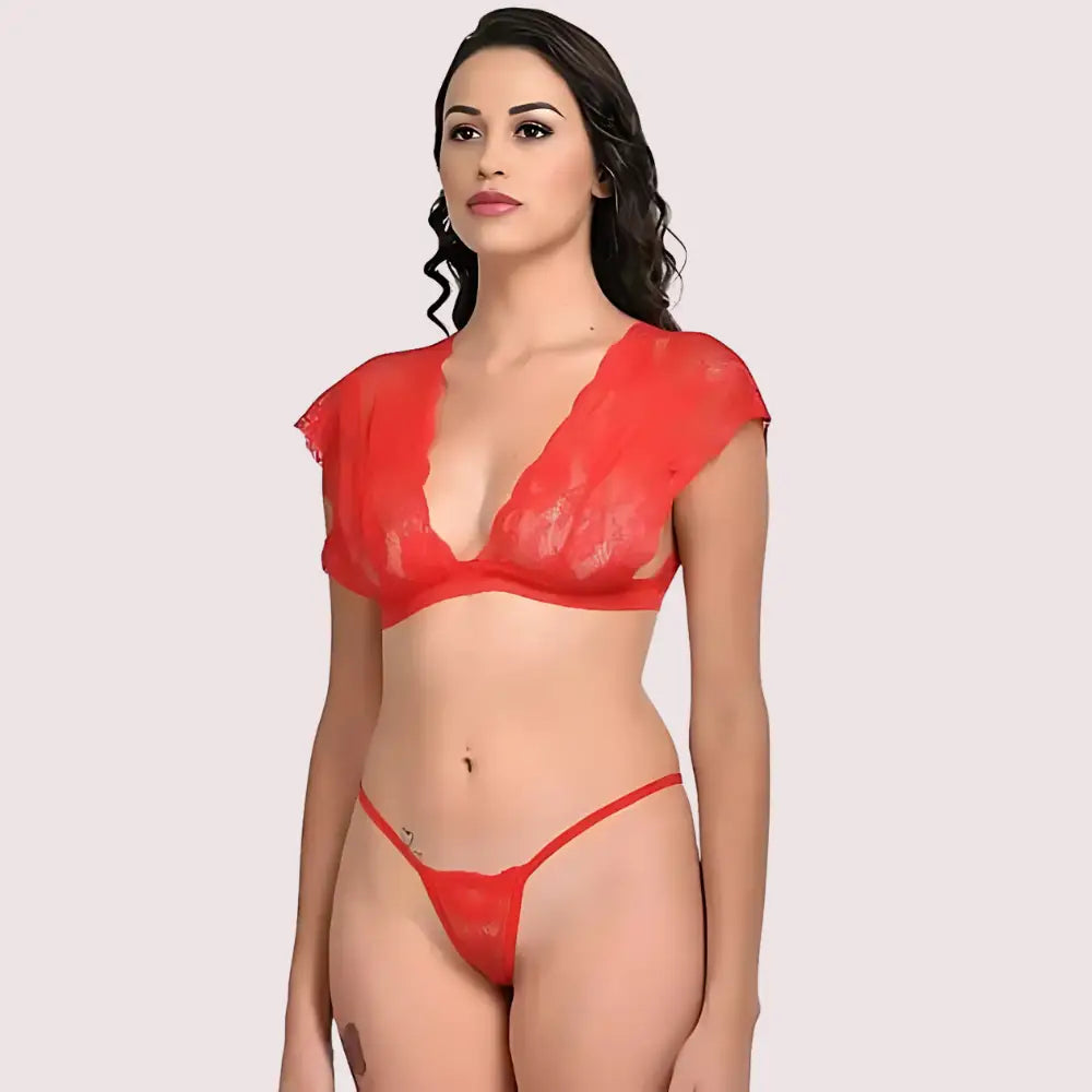 Very Sexy Red Lace Bra G-String Set - Free Size / Red