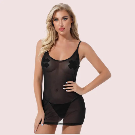 Sexy see through black mesh Chemise Snazzyway