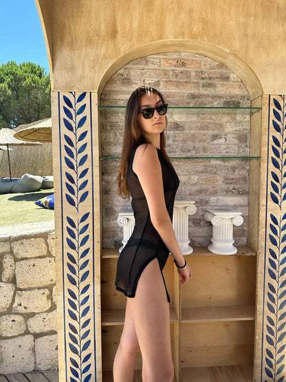 Sheer Black Mini Dress with Dual Open Slits Snazzyway