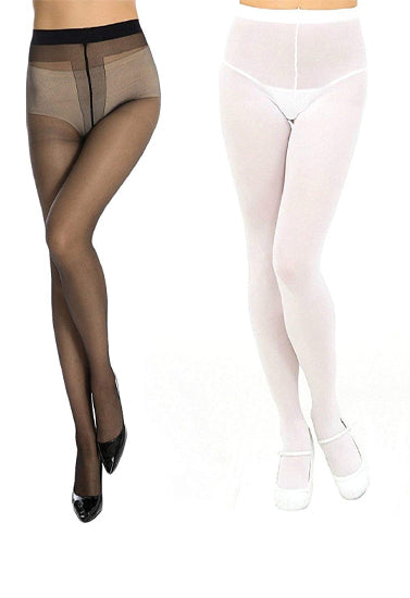 White black pantyhose soft seam women tights pack of 2 - Black & White / One Size