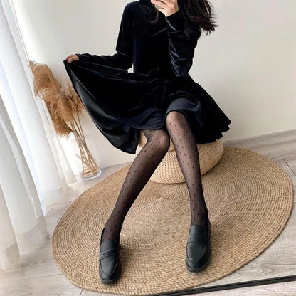 Women polka dot silky pantyhose - One Size / Black